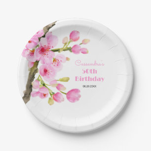 Chic Pink Cherry Blossom Sakura Floral Birthday Paper Plate