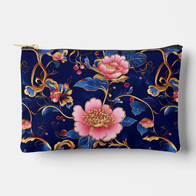 Chic pink cobalt blue floral pattern  accessory pouch (Front)