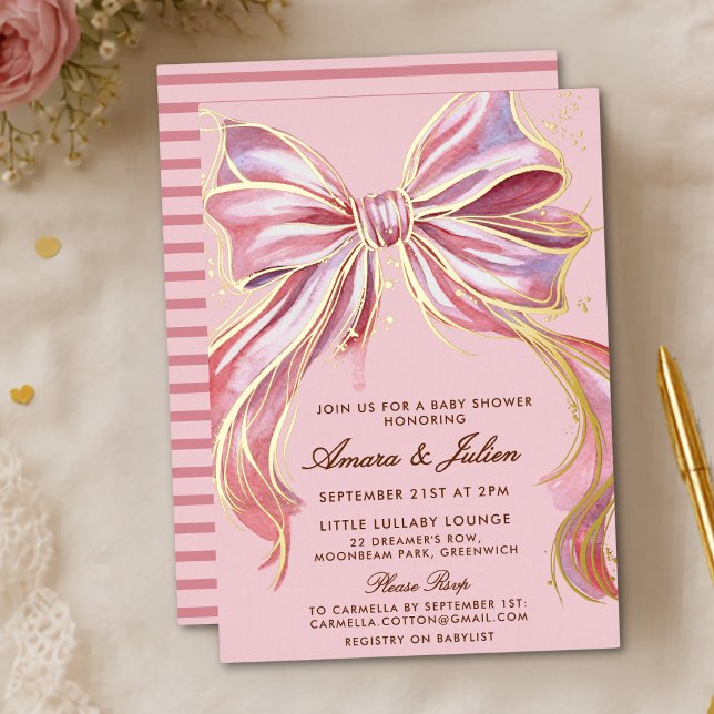 Chic Pink Couture Watercolor Bow Baby Shower  (Creator Uploaded)