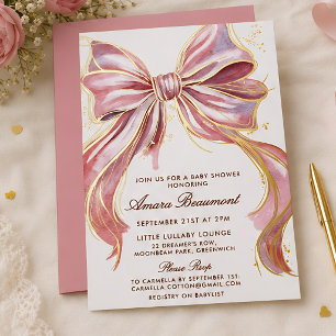 Chic Pink Couture Watercolor Bow Baby Shower 