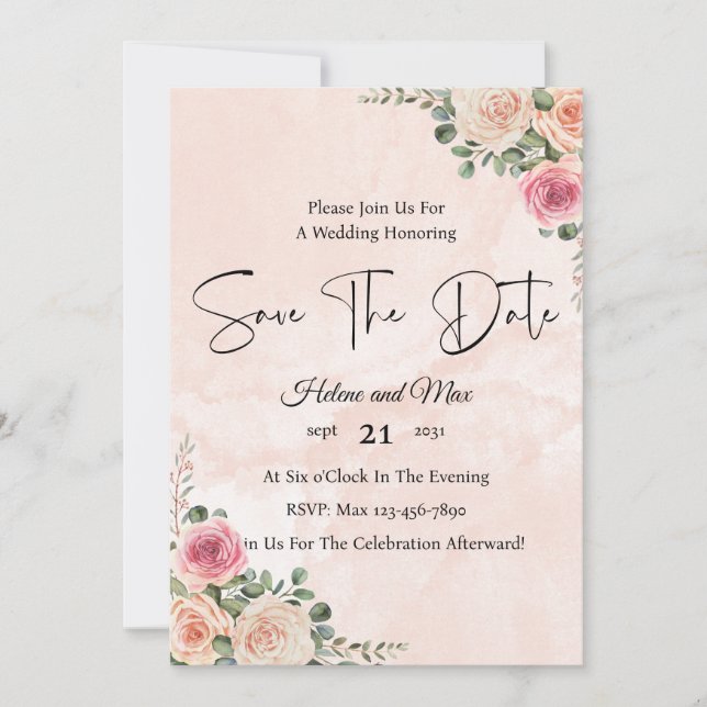 Chic Pink Cream Floral Wedding Save the Date  Invitation (Front)