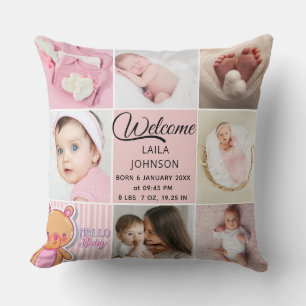 Chic Pink Custom name and baby girl photo collage Cushion