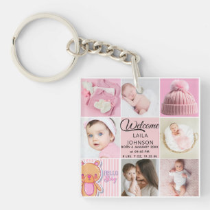 Chic Pink Custom name and baby girl photo collage Key Ring