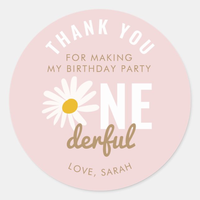 Chic Pink Daisy Flower ONEderful Birthday Favour Classic Round Sticker (Front)