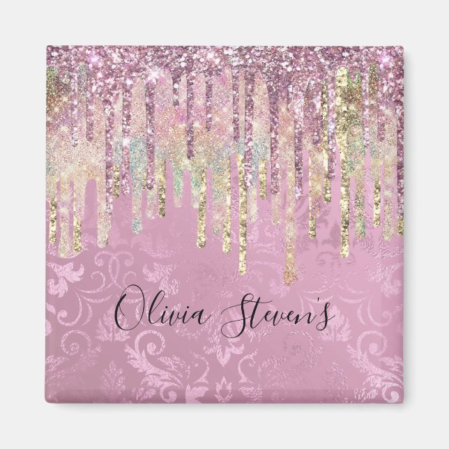 Chic pink damask dripping unicorn glitter monogram magnet (Front)