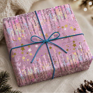 Chic Pink Damask Dripping Unicorn Glitter Wrapping Paper