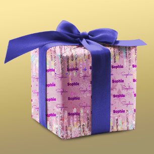 Chic pink damask dripping unicorn glitter wrapping paper sheet