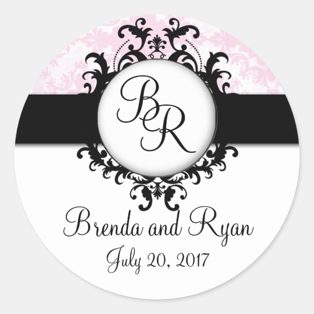 Chic Pink Damask Initial Wedding Sticker (Front)