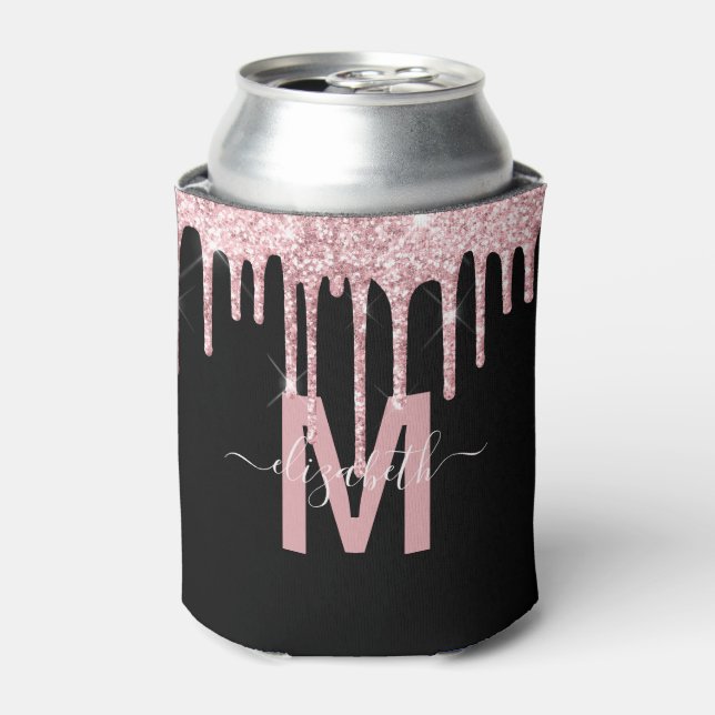 Chic Pink Dripping Glitter Monogram Name Can Cooler (Can Front)