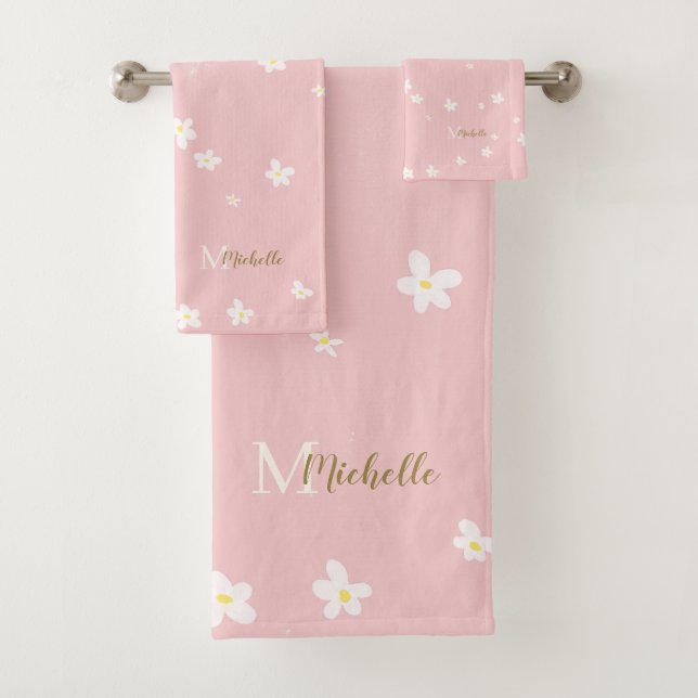Chic Pink Farmhouse Sweet Daisies Girly Monogram Bath Towel Set (Insitu)