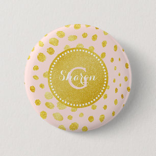 Chic pink faux gold glitter cheetah print monogram 6 cm round badge