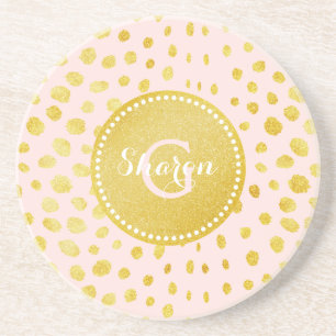 Chic pink faux gold glitter cheetah print monogram coaster