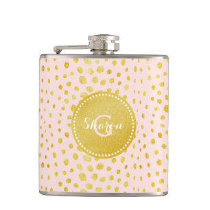 Chic pink faux gold glitter cheetah print monogram hip flask