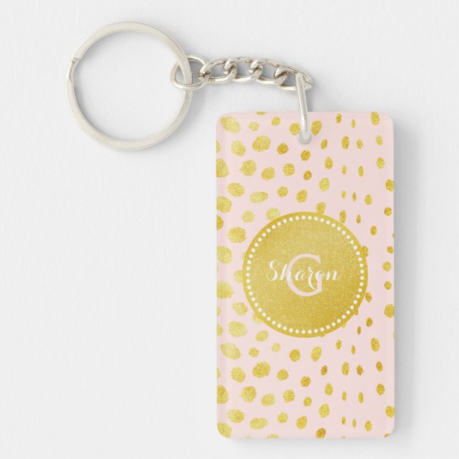 Chic pink faux gold glitter cheetah print monogram key ring (Front)