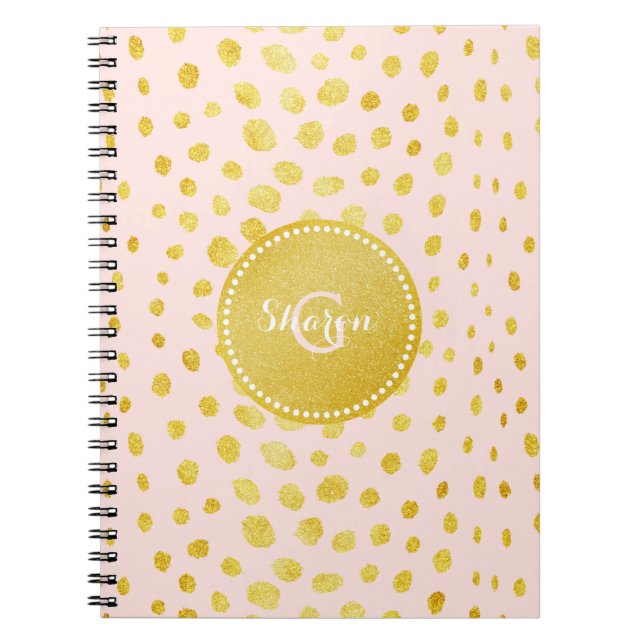 Chic pink faux gold glitter cheetah print monogram spiral notebook (Front)