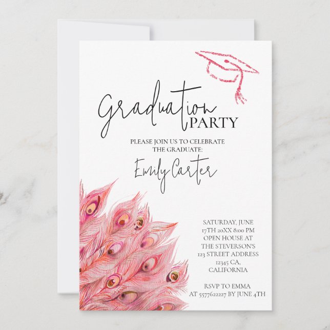 Chic Pink Feather Graduation Party Invitation (Front)