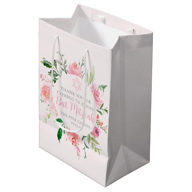 Chic Pink Floral Bat Mitzvah Jewish Birthday Party Medium Gift Bag (Front Angled)