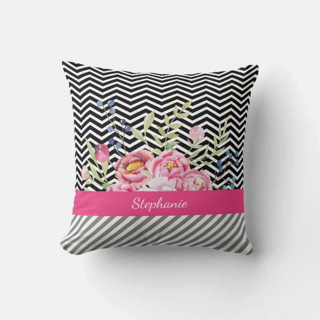 Chic Pink Floral Black and White Chevrons and Name Cushion (Front)