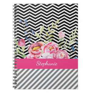 Chic Pink Floral Black and White Chevrons and Name Spiral Notebook
