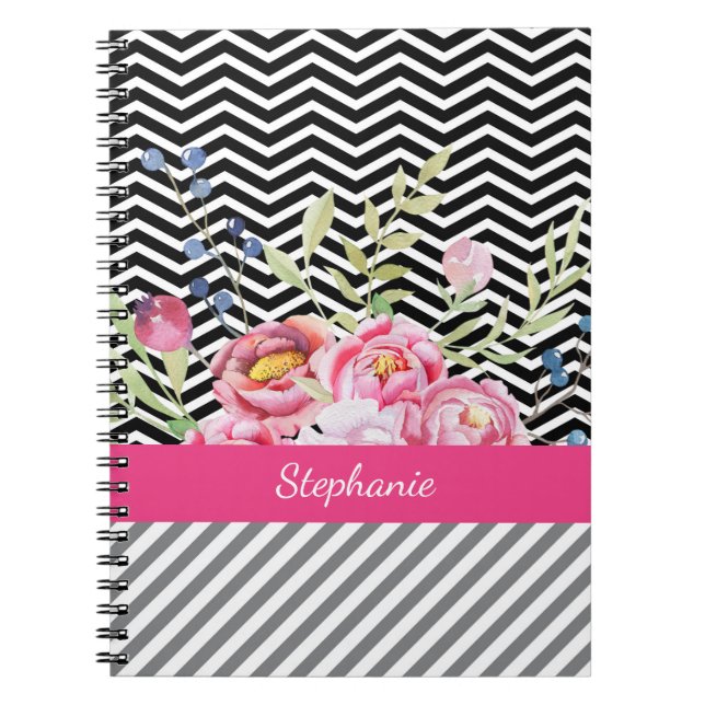 Chic Pink Floral Black and White Chevrons and Name Spiral Notebook (Front)