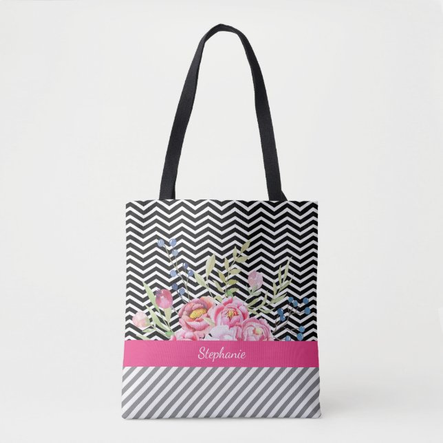 Chic Pink Floral Black and White Chevrons and Name Tote Bag (Front)