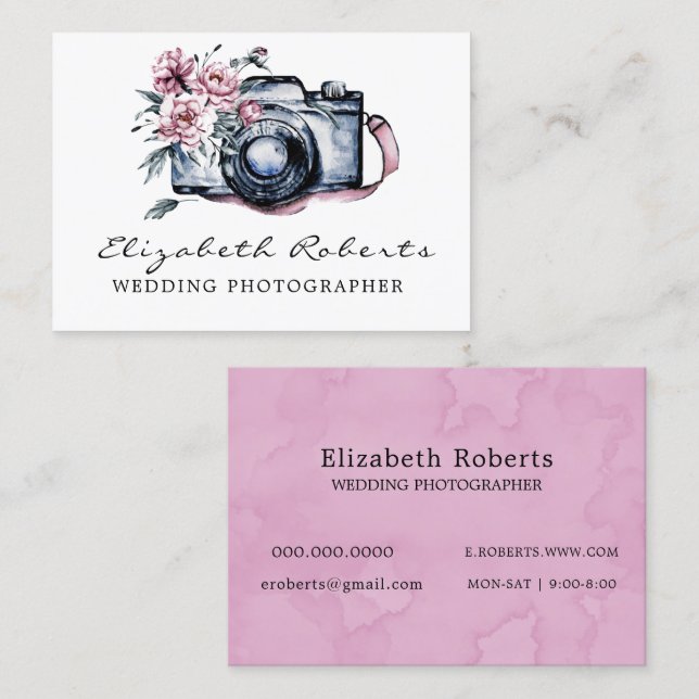 Chic Pink Floral Camera Wedding Photographer  Business Card (Front/Back)