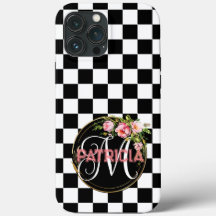 Chic pink floral chequered black & white monogram