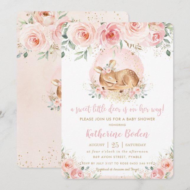 Chic Pink Floral Cute Baby Deer Girl Baby Shower Invitation (Front/Back)