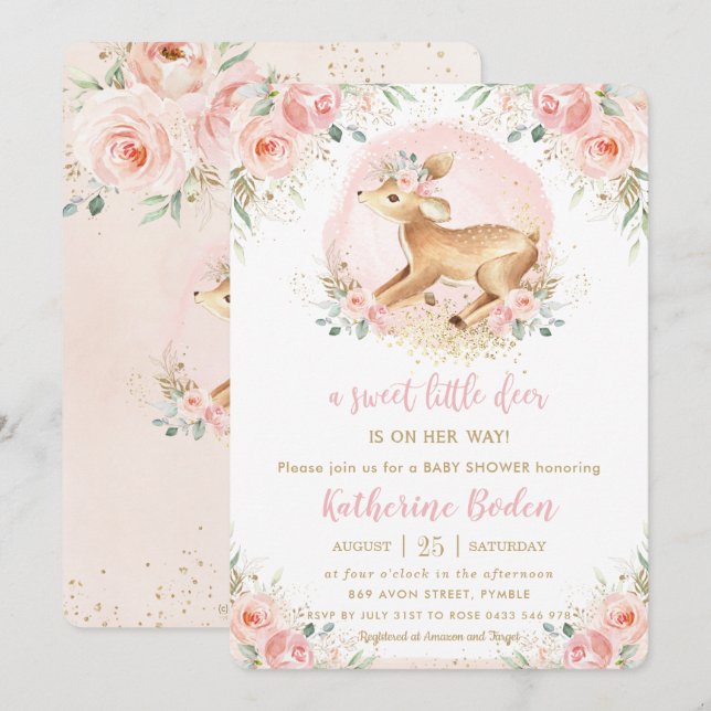 Chic Pink Floral Cute Deer Fawn Girl Baby Shower Invitation (Front/Back)