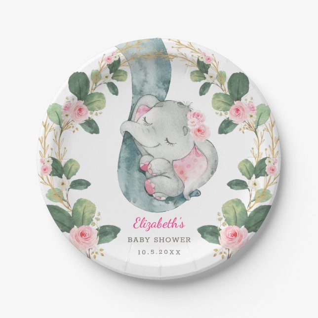 Chic Pink Floral Elephant Baby Shower Girl Paper Plate (Front)