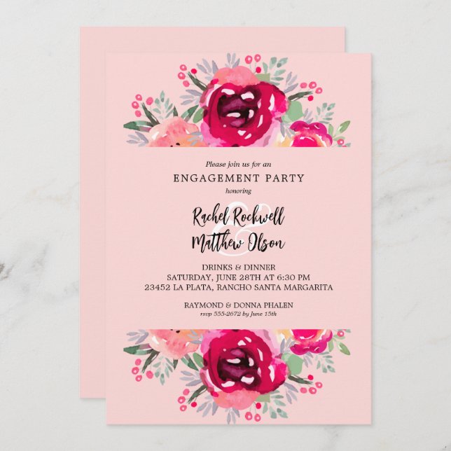 Chic Pink Floral Engagement Party Invitation (Front/Back)