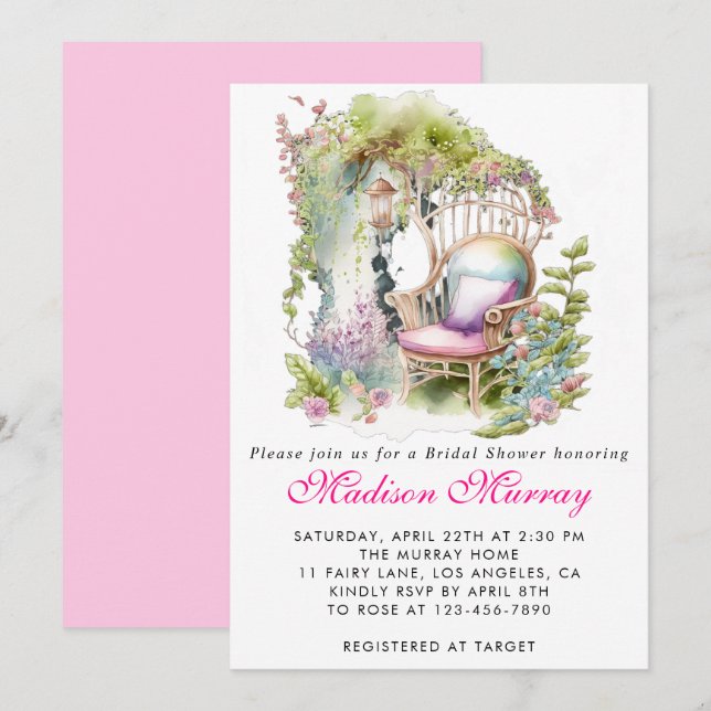 Chic Pink Floral Flower Garden Chair Bridal Shower Invitation (Front/Back)