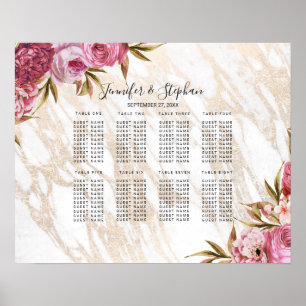 Chic Pink Floral Gold Marble Seating Chart