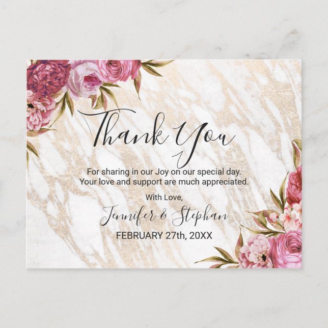 Chic Pink Floral Gold Marble Thank You Postcard (Front)