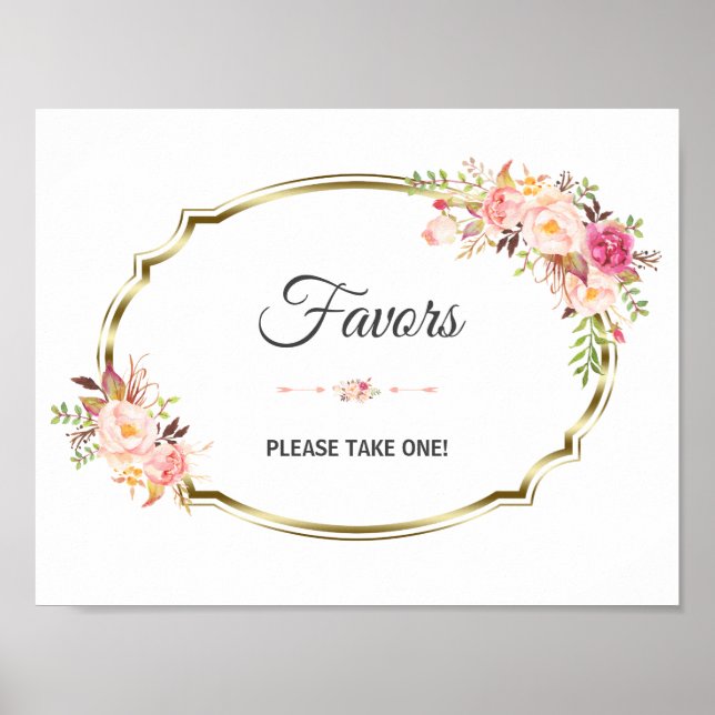 Chic Pink Floral Gold Wedding Favour Sign (Front)