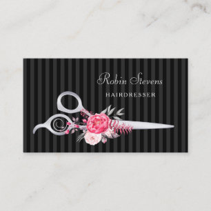 Chic Pink Floral Hairdresser Faux Silver Scissors Business Card