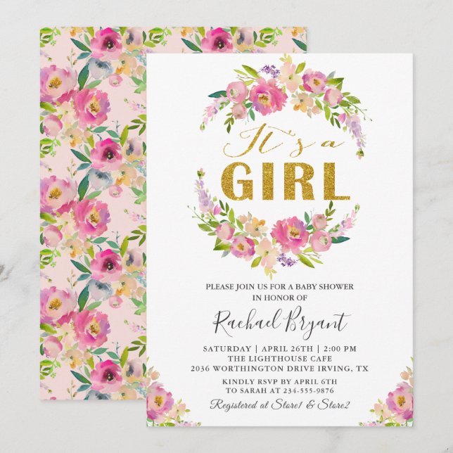 Chic Pink Floral It's A Girl Baby Shower Invitation (Front/Back)