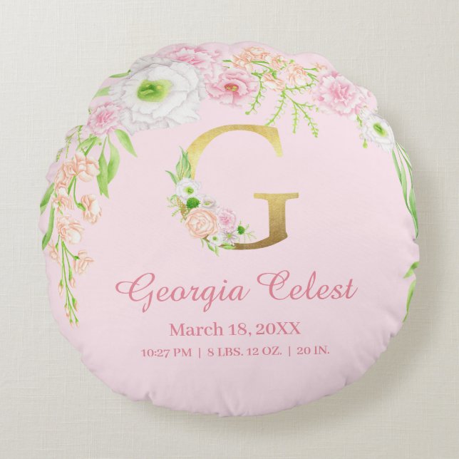 Chic Pink Floral Monogram Baby Stats Round Cushion (Front)