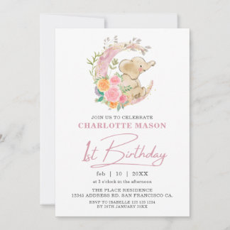 Chic Pink Floral Moon Girl Elephant 1st Birthday Invitation