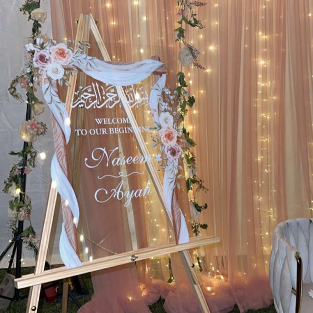 Chic Pink Floral Muslim Islamic Arabic Party Acrylic Sign (Creator Uploaded)