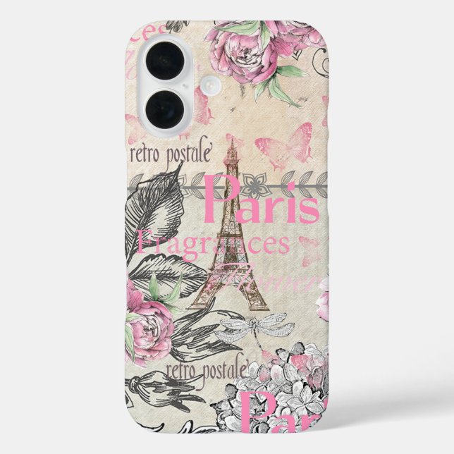 Chic pink floral Paris Eiffel Tower typography Case-Mate iPhone Case (Back)