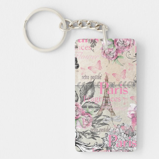 Chic pink floral Paris Eiffel Tower typography Key Ring (Front)