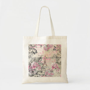Chic pink floral Paris Eiffel Tower typography Tote Bag