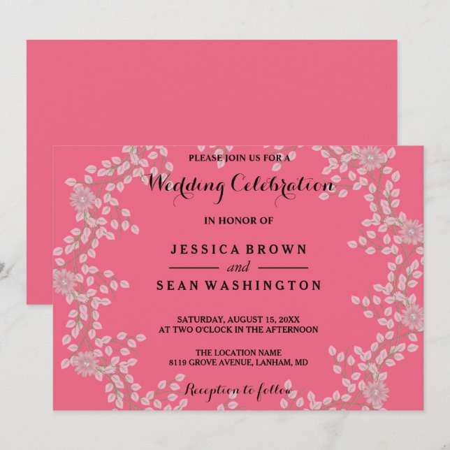 Chic Pink Floral & Pearls Wedding Invitation (Front/Back)