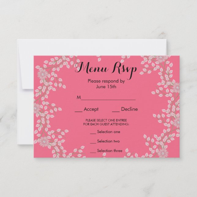Chic Pink Floral & Pearls Wedding Menu RSVP (Front)