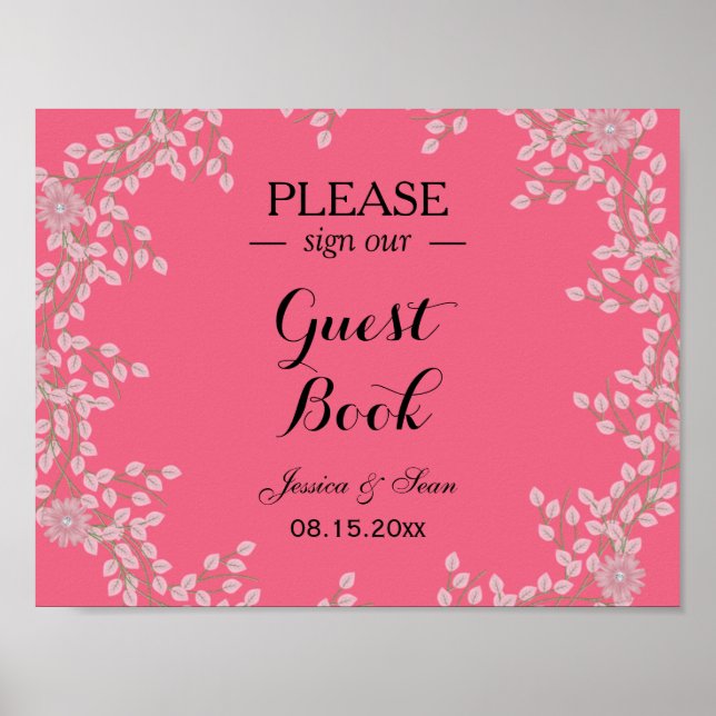 Chic Pink Floral & Pearls Wedding Poster (Front)