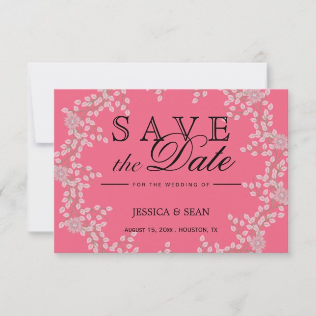 Chic Pink Floral & Pearls Wedding Save The Date (Front)