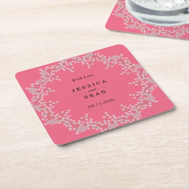 Chic Pink Floral & Pearls Wedding Square Paper Coaster (Angled)
