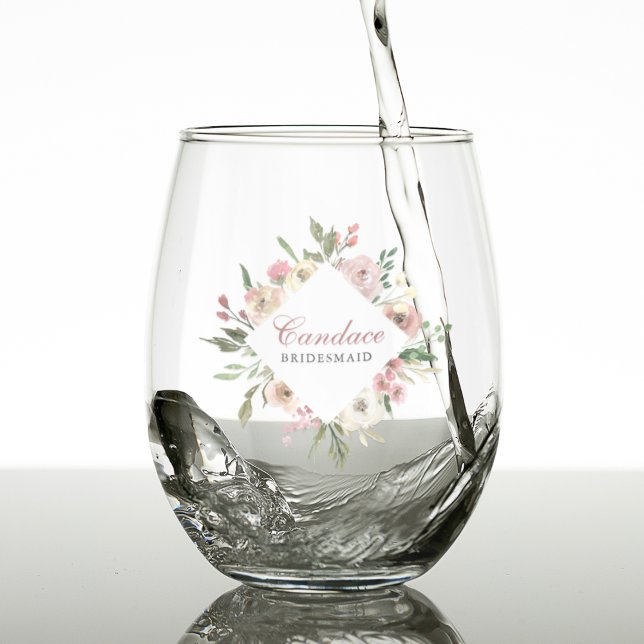 Chic Pink Floral Personalised Bridesmaid Stemless Wine Glass (Creator Uploaded)