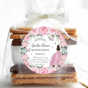 Chic Pink Floral Princess Silver Quinceañera XV Classic Round Sticker